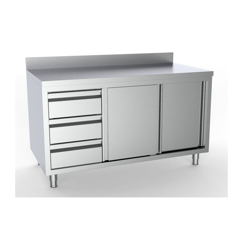 Stainless Steel Low Cabinet with Backsplash - 2 Doors and 3 Drawers on the Left - 1800x700 mm - CombiSteel