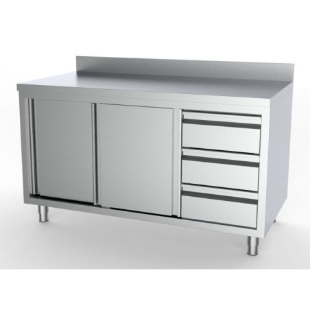 Stainless Steel Low Cabinet with Backsplash - 2 Doors and 3 Drawers - L 1400 x D 700 mm CombiSteel