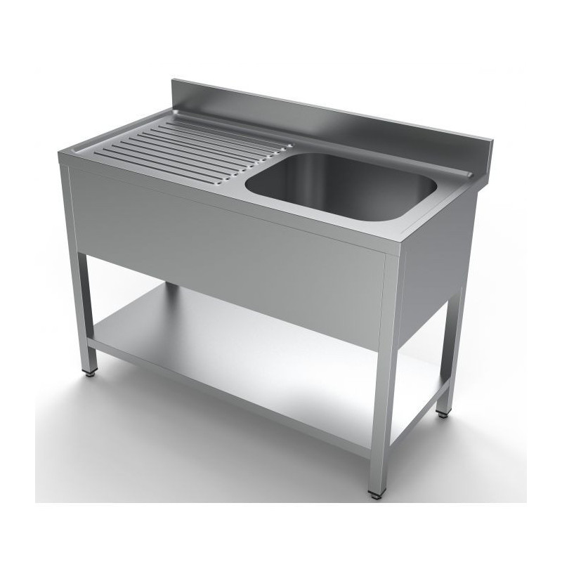 Sink 1 Basin with Drainer, Backsplash, and Shelf - Stainless Steel AISI 304