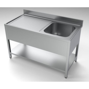 Sink 1 Basin and Drainer on the Left with Backsplash and Shelf in AISI 304 Stainless Steel - Dimensions 1400x700 mm