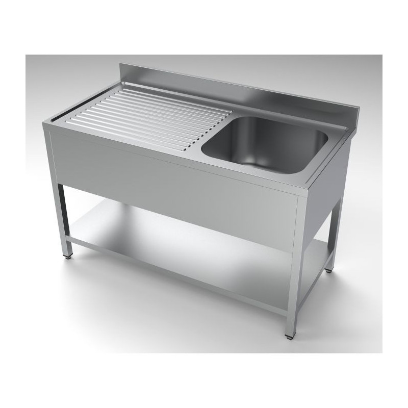 Sink 1 Basin and Drainer on the Left with Backsplash and Shelf in AISI 304 Stainless Steel - Dimensions 1400x700 mm