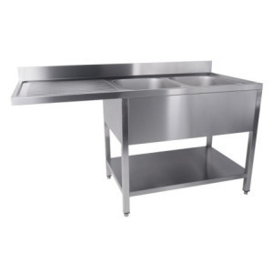 Sink 2 Basins Dishwasher Passage Left Removable Shelf - 1600x700 mm - Stainless Steel AISI 304