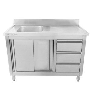 Spülmöbel 1 Becken mit Rückwand und 3 Schubladen - 1200 x 600 mm - Becken links - Dynasteel