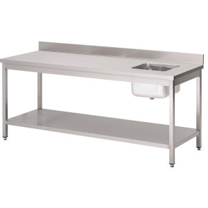 Tisch des Chefs mit Becken rechts und Edelstahlrückwand - L 1400 x T 700 mm - Gastro M