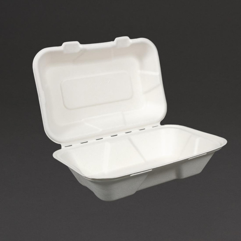 Meal Boxes in Bagasse with Hinged Lid - L 228mm - Pack of 200 - Vegware