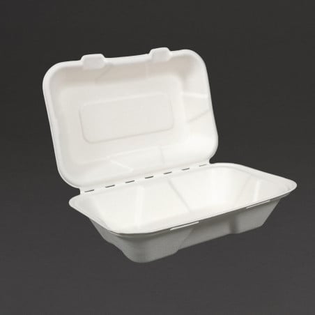 Mahlzeitboxen aus Bagasse mit Scharnierdeckel - L 228mm - Packung mit 200 - Vegware