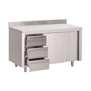 Tischschrank aus Edelstahl mit Aufkantung 3 Schubladen rechts und Schiebetüren - L 1200 x T 700mm - Gastro M