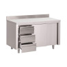 Stainless Steel Cabinet Table with Backsplash 3 Drawers on the Right and Sliding Doors - L 1200 x P 700mm - Gastro M