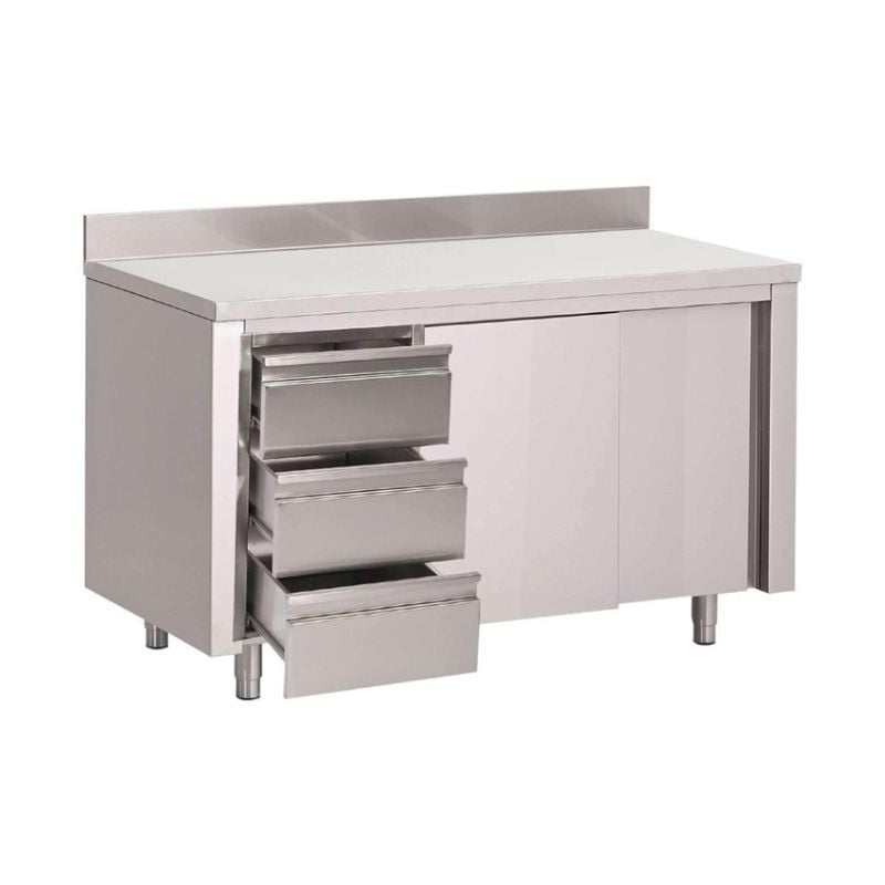 Stainless Steel Cabinet Table With Backsplash 3 Drawers On The Left And Sliding Doors - W 1000 x D 700mm - Gastro M