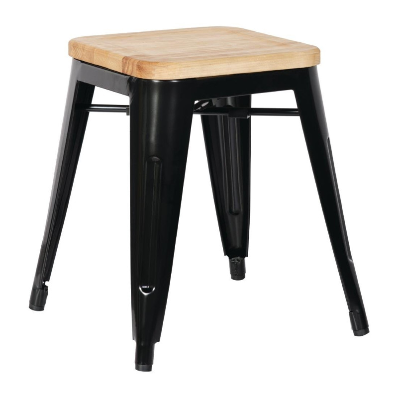 Niedrige Bistrohocker aus schwarzem Stahl mit Holzsitz - 4er-Set - Bolero Niedrige Bistrohocker aus schwarzem Stahl mit Holzsitz - 4er-Set - Bolero