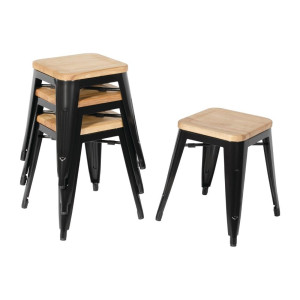 Tabourets Bistro Bas en Acier Noir avec Assise en Bois - Lot de 4 - Bolero