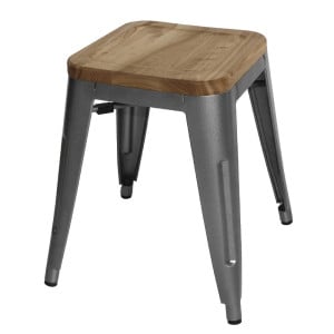 Low Bistro Stools in Grey Metal Steel with Wooden Seat - Set of 4 - Bolero