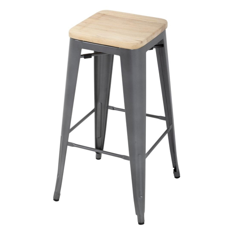 Hoher Bistrohocker aus grauem Stahl mit Holzsitz - 4er-Set - Bolero Hoher Bistrohocker aus grauem Stahl mit Holzsitz - 4er-Set - Bolero