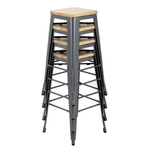 Hoher Bistrohocker aus grauem Stahl mit Holzsitz - 4er-Set - Bolero