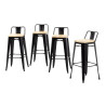 High Stools with Backrest and Wooden Seat - Black - Set of 4 - Bolero