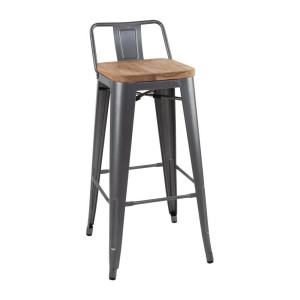 High Stools with Backrest and Wooden Seat - Metallic Gray - Set of 4 - Bolero