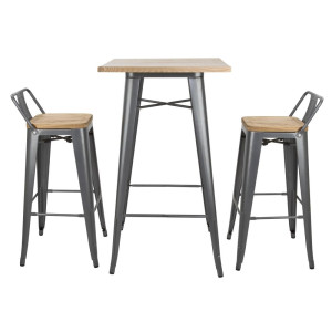 High Stools with Backrest and Wooden Seat - Metallic Gray - Set of 4 - Bolero