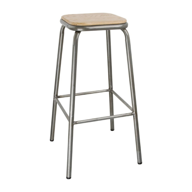 Tabouret Haut en Acier Galvanisé avec Assise en Bois - Lot de 4 - Bolero