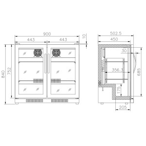 Rückkühlschrank mit 2 Flügeltüren - 198 L CombiSteel LED schwarz.