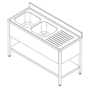 Spülbecken 1 Becken und Abtropffläche rechts mit Rückwand und Regal - L 2000 x T 600 mm - CombiSteel
