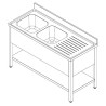 Spülbecken 1 Becken und Abtropffläche rechts mit Rückwand und Regal - L 2000 x T 600 mm - CombiSteel
