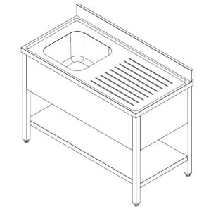 Sink 1 Basin with Right Drainer and Shelf - Dimensions L 1200 x D 600 mm - Stainless Steel, Professional Kitchen