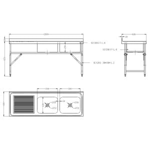 Folding Sink 2 Bowls and Drainer on the Left in Stainless Steel - Kitchen Catering