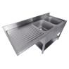 2 Sink Basins Dishwasher Passage Left Removable Shelf - 1600x700 mm - Stainless Steel AISI 304