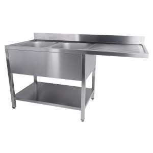 Plonge 2 Bacs et Passage pour Lave-Vaisselle à Droite avec Dosseret et Etagère Démontable - L 1600 x P 700 mm - CombiSteel