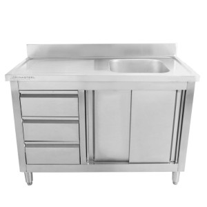 Spülmöbel 1 Becken mit Rückwand und 3 Schubladen - 1200 x 600 mm - Becken rechts - Dynasteel