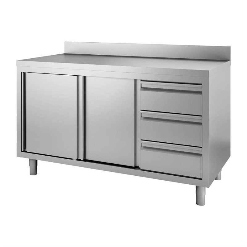 Stainless Steel Cabinet Table with Backsplash 3 Drawers on the Right and Sliding Doors - L 1200 x P 700mm - Gastro M