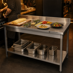 Edelstahltisch 1600x700 mm Rückwand und Unterregal