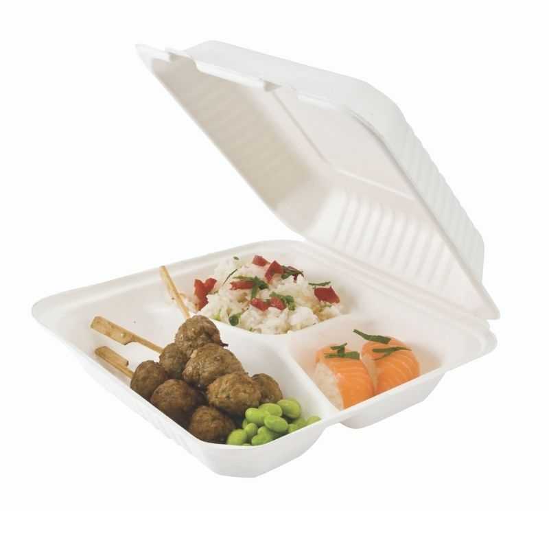 Mittagessenbox Bagasse 3 Fächer - Packung mit 50