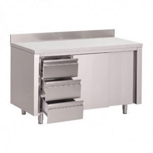 Tischschrank aus Edelstahl mit Aufkantung 3 Schubladen rechts und Schiebetüren - L 1200 x T 700mm - Gastro M
