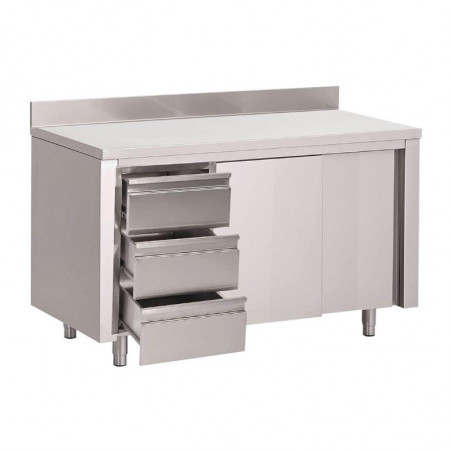 Table Armoire en Inox Avec Dosseret 3 Tiroirs À Gauche et Portes Coulissantes- L 1800 x P 700mm - Gastro M