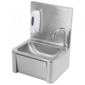 Stainless Steel Hand Wash with Knee Operated Control, Backsplash, and Soap