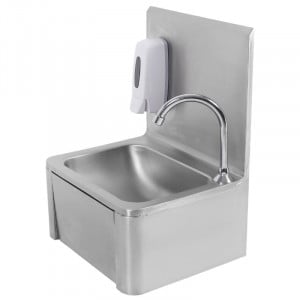 Stainless Steel Hand Wash with Knee Operated Control, Backsplash, and Soap
