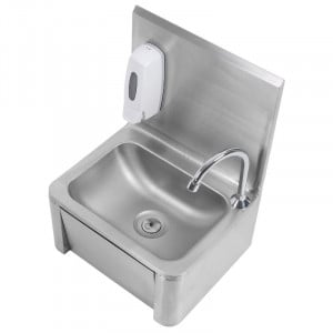 Edelstahl-Handwaschbecken mit Kniebedienung, Rückwand und Seife