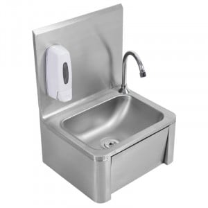 Stainless Steel Hand Wash with Knee Operated Control, Backsplash, and Soap