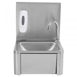 Stainless Steel Hand Wash with Knee Operated Control, Backsplash, and Soap