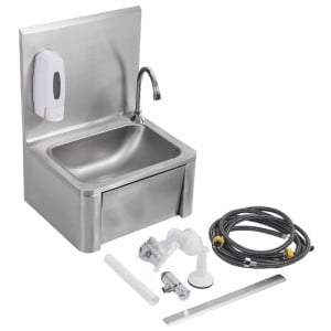 Edelstahl-Handwaschbecken mit Kniebedienung, Rückwand und Seife