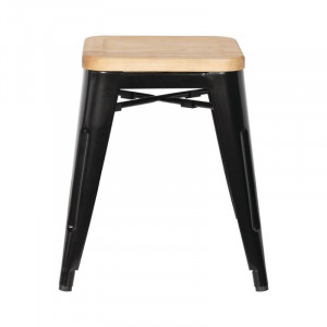 Tabourets Bistro Bas en Acier Noir avec Assise en Bois - Lot de 4 - Bolero