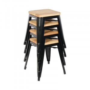 Niedrige Bistrohocker aus schwarzem Stahl mit Holzsitz - 4er-Set - Bolero