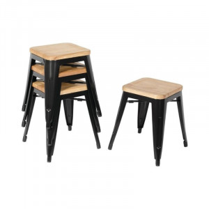 Niedrige Bistrohocker aus schwarzem Stahl mit Holzsitz - 4er-Set - Bolero