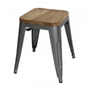 Hocker Bistro Niedrig aus Grauem Stahl mit Holzsitz - 4er Set - Bolero