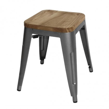 Hocker Bistro Niedrig aus Grauem Stahl mit Holzsitz - 4er Set - Bolero