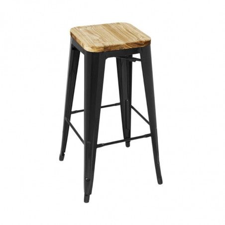 High Black Steel Bistro Stool with Wooden Seat - Set of 4 - Bolero