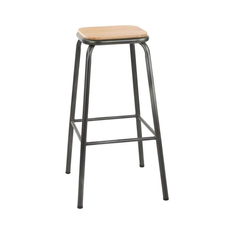 High Metal Grey Stool with Wooden Seat - Set of 4 - Bolero