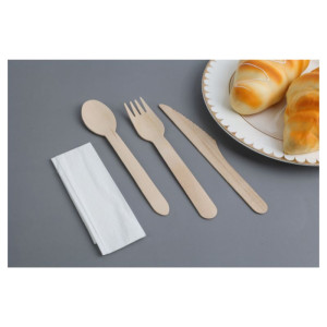 4-teiliges Set - Dynasteel Holzbesteck: Messer, Gabel, großer Löffel, Serviette - 500er Pack