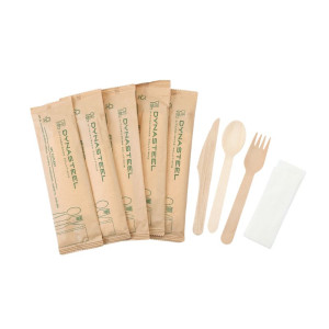 4-Piece Set - Dynasteel Wooden Cutlery: Knife, Fork, Large Spoon, Napkin - Pack of 500